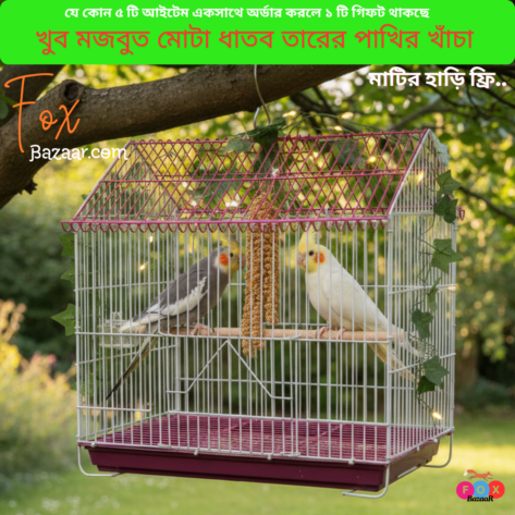 House Shape Bird Color Full metal wire cage for Foldable Pet Carrier/House Fox Bazaar for Budgerigar, Lovebirds, Finches, Parrots, Hamster, Cockatiel, Chicken, Duck, Quail, Rabbit , Cat, Dog , Dove